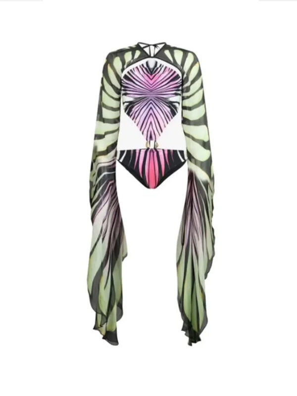 Butterfly Wing Print Jumpsuit Bodycon Skirt Sets Women Sexy Hollow Out Backless Irregular Long Sleeve Slim Jumpsuits Slit Skirts