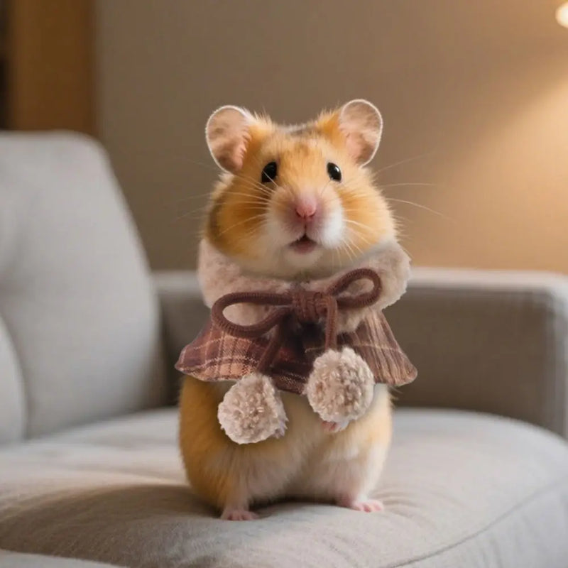 Cute Warm Plaid Hamster Cape Windproof Comfortable Furry Collar Scarf Set Adjustable Pet Transformation Outfit Costume Party