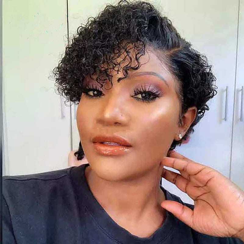 13x4x1 Lace Frontal Short Curly Wig Pixie Cut Bob Wig Water Wavy Brazilian Remy Human Hair Wigs for Women 180% Density  5Inch