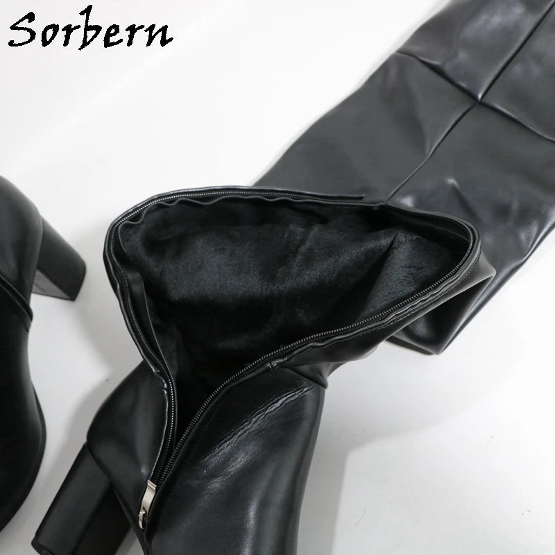 Sorbern Black Matte Block Square Heels Boots For Women Unisex Style Round Toe Mid Thigh High Half Zipper Long Boots Custom
