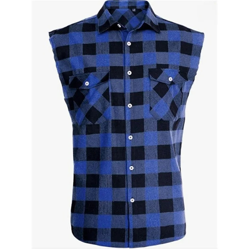 Men's Summer Sleeveless Vests Turn-down Collar Shirts sports Vest Single-breasted Plaid Tank Top cardigan Casual Vests Men tops