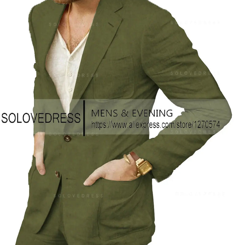 Summer Linen Suit Men Casual Party Classic Blazer Pants 2 Pieces Holiday Travel Tailor-made Breathable Cool Male Outfits