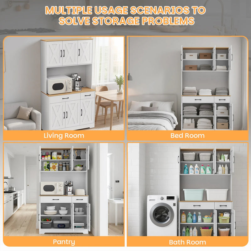 67" Food Pantry Storage Cabinet for Kitchen, White Freestanding Pantry with Charging Station, Door And Adjustable Shelves, Buffet Cabinet for Kitchen, Living Room, And Dining Room, Freestanding Tall Pantry with Microwave Shel