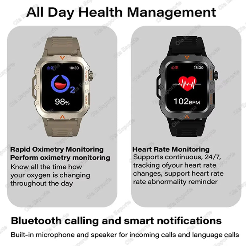 2026 New Men Smart Watch HD Bluetooth Call Sleep Heart Rate Health Monitoring Outdoor LED Flashlight Waterproof Sports Smartwatc