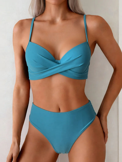 Solid Underwire Cross Strap Two Piece Bikini Set Women | SAMAG