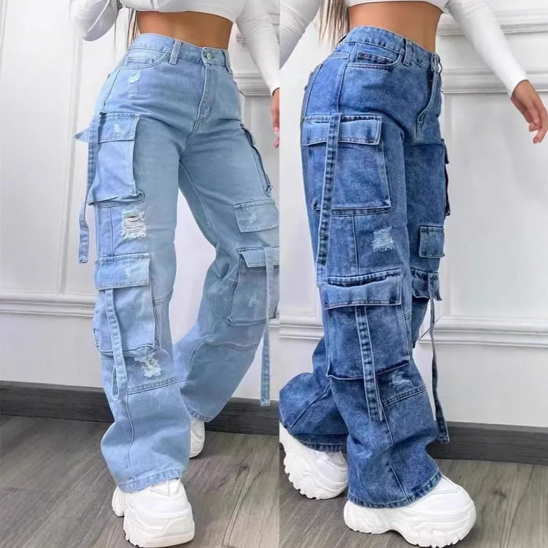 New 2026 Fashion Pure Color Casual Workwear Denim High Waist Multi Pocket Loose Fit Women's Jeans Versatile plus Size
