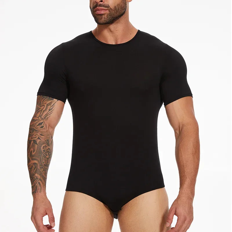 Mens Round Neck Shapewear Short Sleeve Bodysuit Press Button Crotch Underwear Tummy Control Jumpsuit High Stretch Fitness