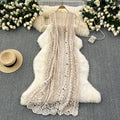 Longline Crochet Cardigan Button Front Sleeveless Sheer Open-knit Long Cover-up Jacket Women Summer Beach Vacation Outfit