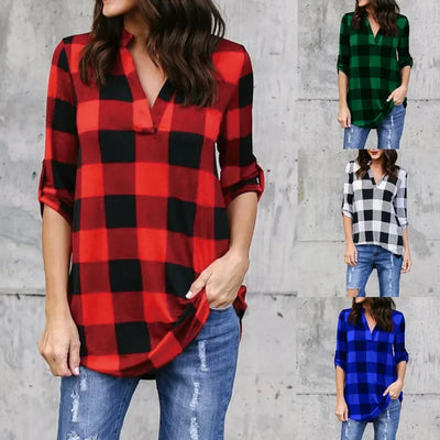Fashion Plaid V - neck T - Shirt Woman Top Summer T | SAMAG