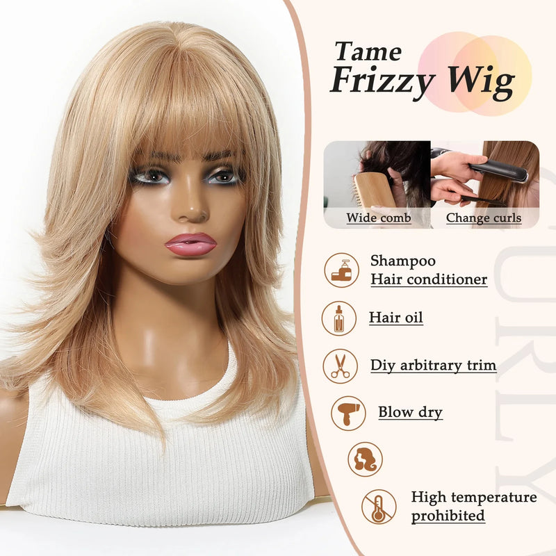 EASIHAIR Medium Length Wavy Blonde Synthetic Wig With Bangs For Women Natural Wigs Hair Heat Resistant Daily Party Cosplay Use