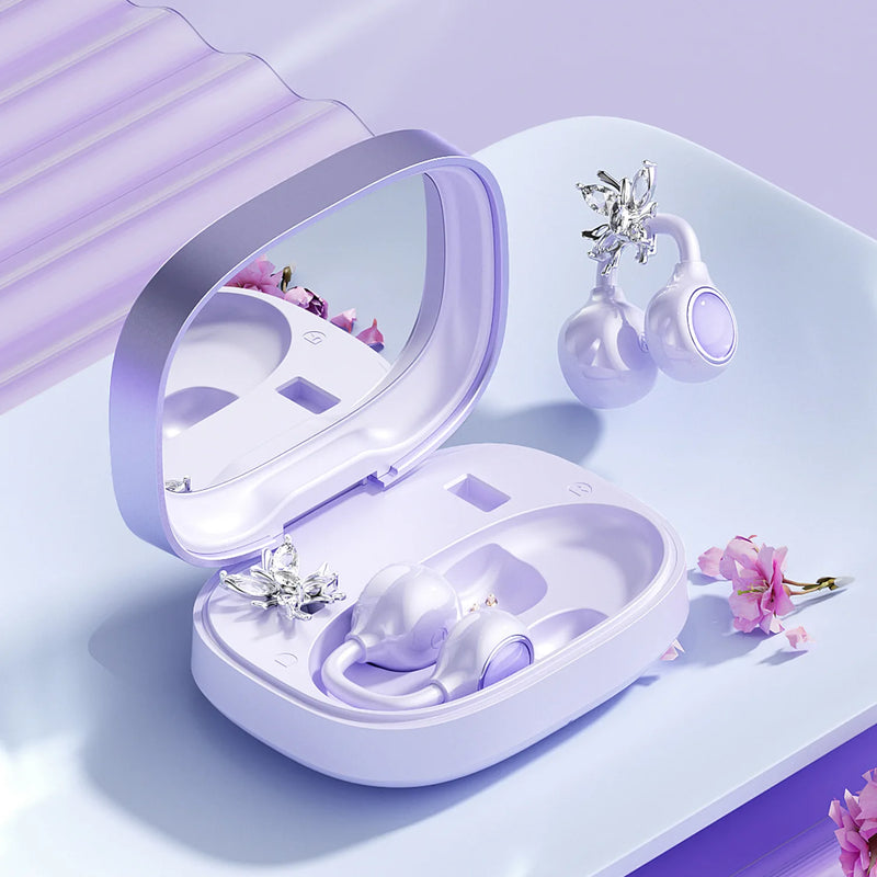 Bluetooth 6.0 Open-Ear Headphones with Makeup Mirror, Detachable Diamond Audífonos, 20Hz Bass Earphones for Women & Girls