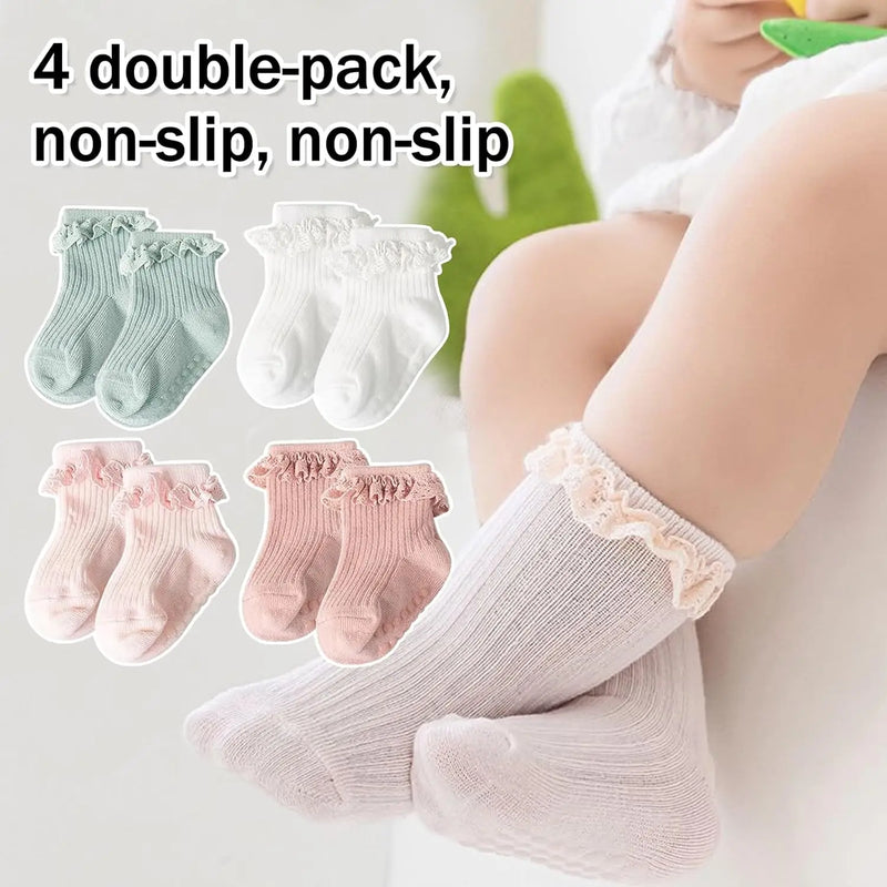 4 Pairs Princess Socks Set,Soft,Non-Slip Lace Ruffled & Plain Colors for Baby Toddlers 0-3 Years,Cute birthday Gift