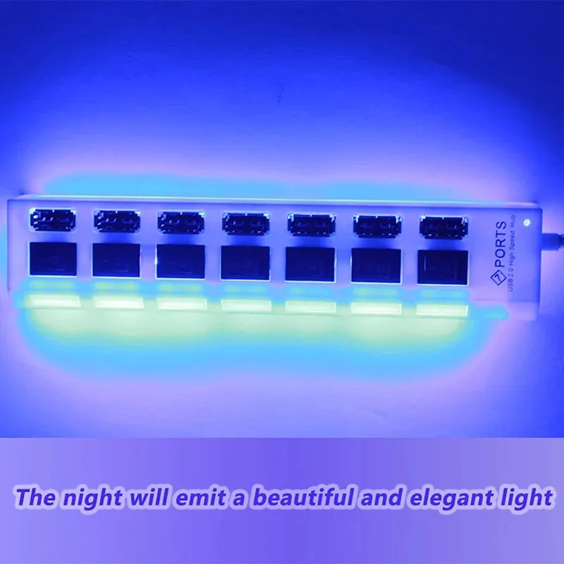 High Speed 7 Ports USB HUB 2.0 Adapter Expander Multi USB Splitter Multiple Extender with LED Lamp Switch for PC Laptop