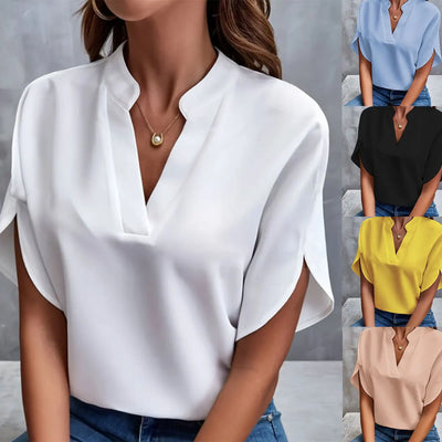 Women Elegant Solid V Neck Blouse Casual Short Sleeve | SAMAG