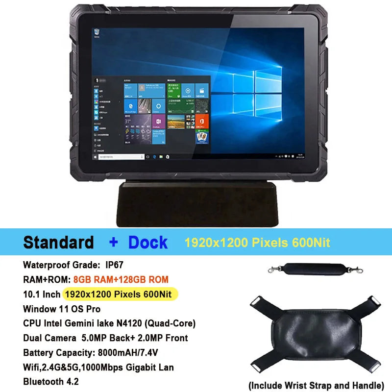 10.1" Industrial Rugged Tablet 1920*1200 600nit 8GB RAM 128GB IP67 Windows 11 Pro Tablet PC Intel N4120 HDMI WiFi RS232