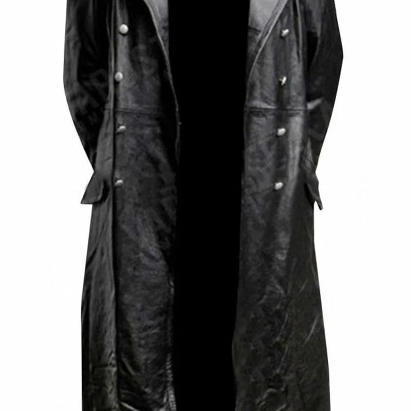 MEN'S GERMAN CLASSIC WW2 MILITARY UNIFORM OFFICER BLACK LEATHER TRENCH COAT mens leather jacket mens jacket