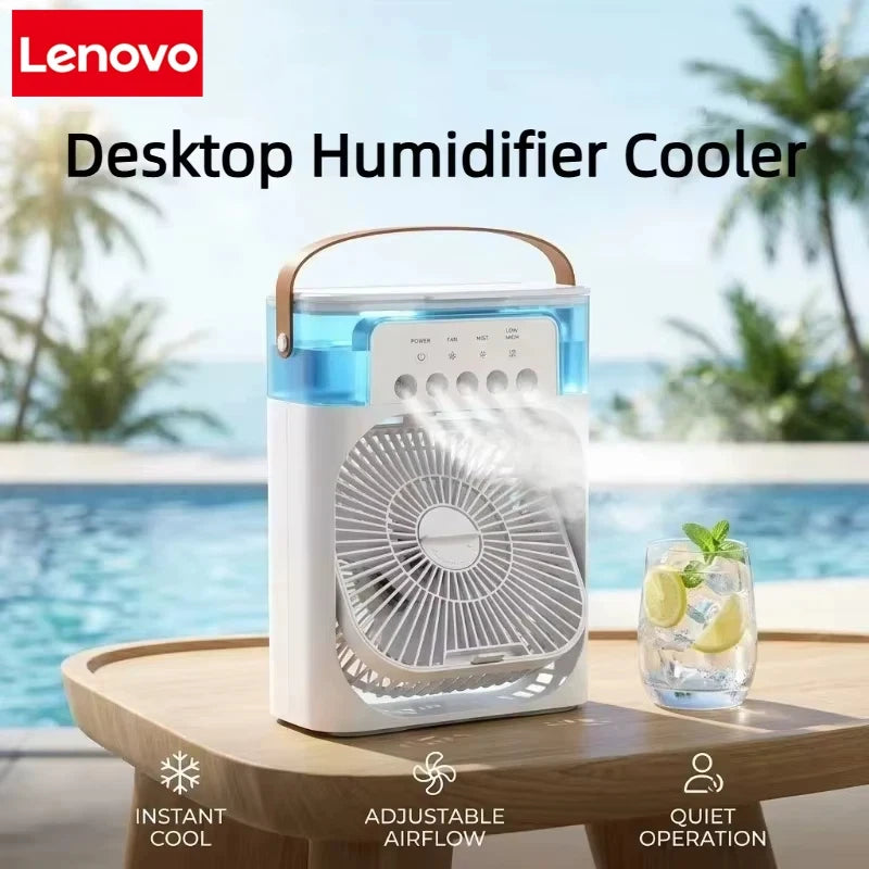 Lenovo Portable Fan 3 in1 Humidifier Air Adjustment LED Light Household USB Chargeable Air Conditioner Office Moisturizing Fan