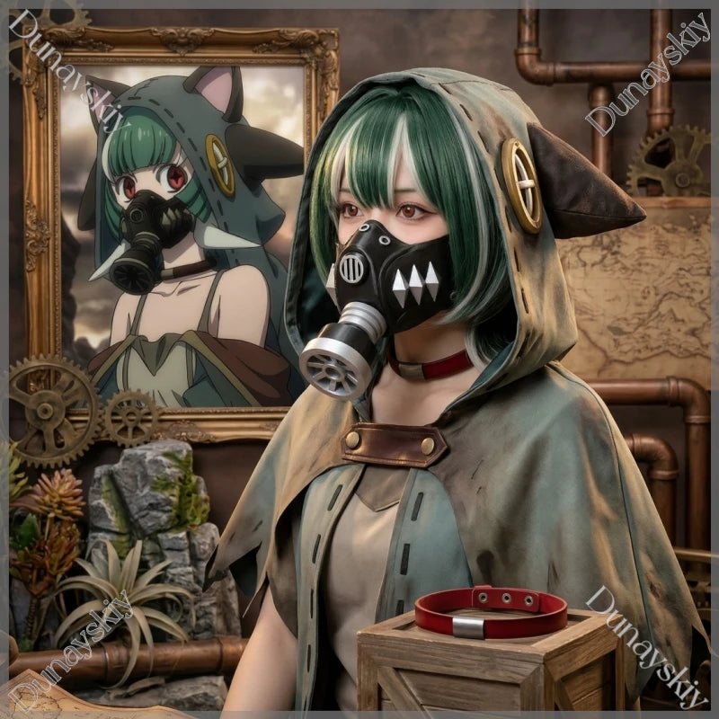 Guita Cyberpunk Gas Mask Green Blonde Highlight Bob Wig Choker Necklace Cosplay Props GACHIAKUTA 3D Printed Halloween Comic Con