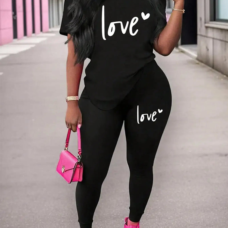 Spring and Summer Casual Two-Piece Set, Expressing Love, Round Neck Short Sleeved T-Shirt and Pants Set, Women's Clothing