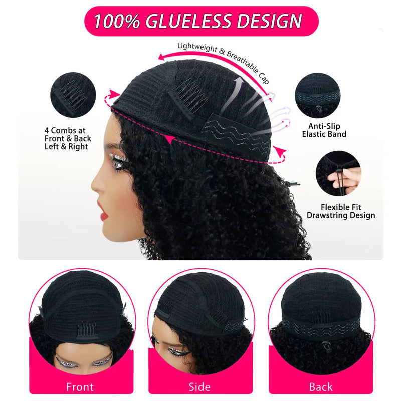 New Arrival 3 IN 1 Half Wig With Drawstring Seamless Human Hair Wig Kinky Curly Headband Wig Upgrade for Women Summer Machine Wigs