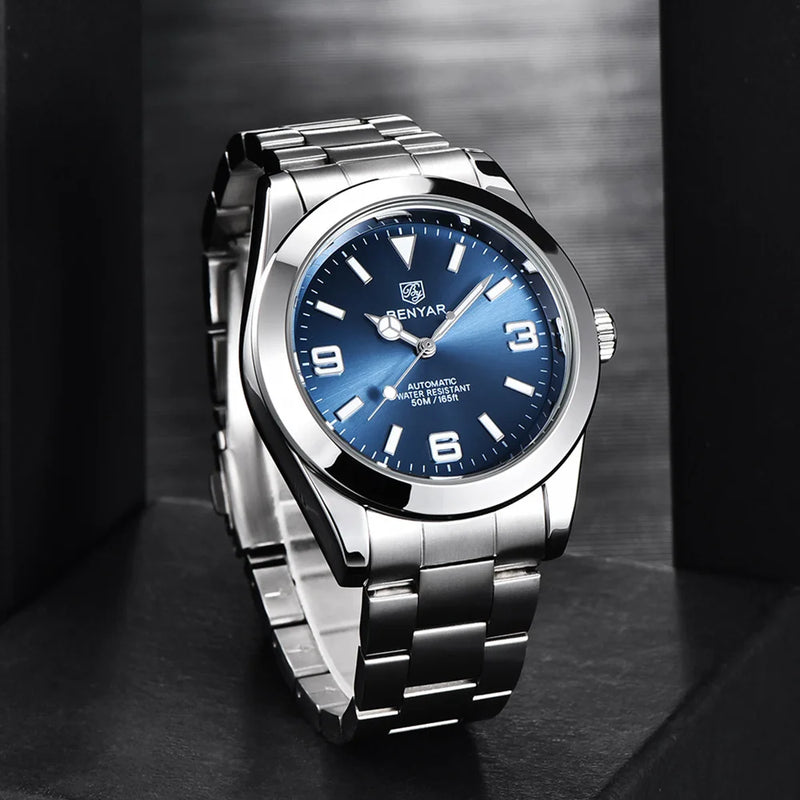 New BENYAR 41mm Men's Automatic Mechanical Watch Classic Blue Stainless Steel 50m Waterproof Luminous Male Business Wristwatch
