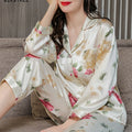 Birdtree Fall 16MM 100%Real Silk Pajama Set Women Satin Print Pyjama Pj Suit Long Sleeve Bedroom Sleepwear Set P36637QC