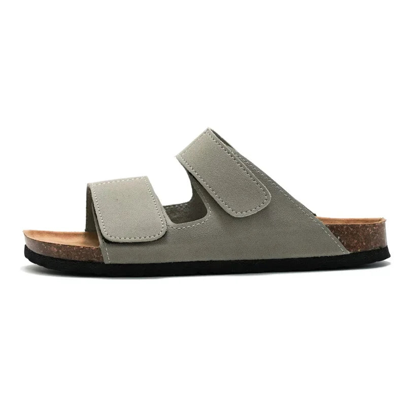 Classic Men Leather Cork Sandals Slippers Luxury Brand Design Buckle Strap Flat Sandals Slippers Shoes