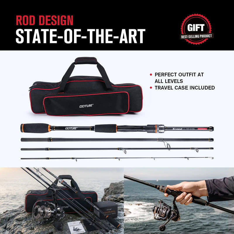 Goture Spinning Reel and Rod Combo Set Portable 1.98-2.1m Fishing Rod and 3000 Spinning Reel with Zippered Storage Bag Tackle