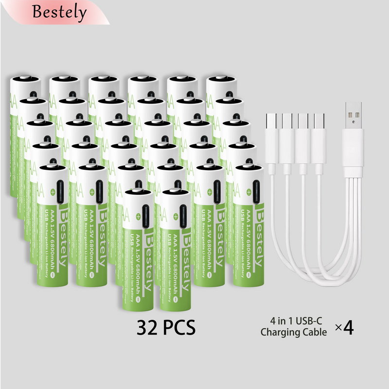 New Rechargeable 1.5v AAA Lithium Batteries 6800mAh Capacity, USB-C AAA Li-ion Battery 2000 times cycle with cable for free
