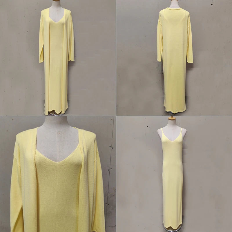 Tuularose Women Long Dress 2 Piece Solid Knitted Spaghetti Strap Dress Long Sleeve Cardigan Set Casual Fashion Female Dress Set