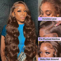 Chocolate Brown Body Wave Lace Front Wig Human Hair 220 Density Frontal Lace Wigs 30 Inch 13x6 HD Transparent Lace Human Wigs
