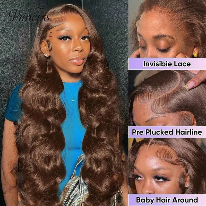Chocolate Brown Body Wave Lace Front Wig Human Hair 220 Density Frontal Lace Wigs 30 Inch 13x6 HD Transparent Lace Human Wigs