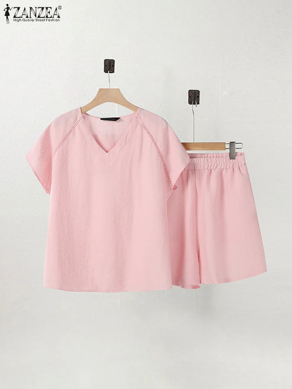 2025 ZANZEA Women's Short Sets Summer Lace Insert Short Sleeve V Neck T-shirt and Elastic Waist Shorts Casual 2-Pieces Suits