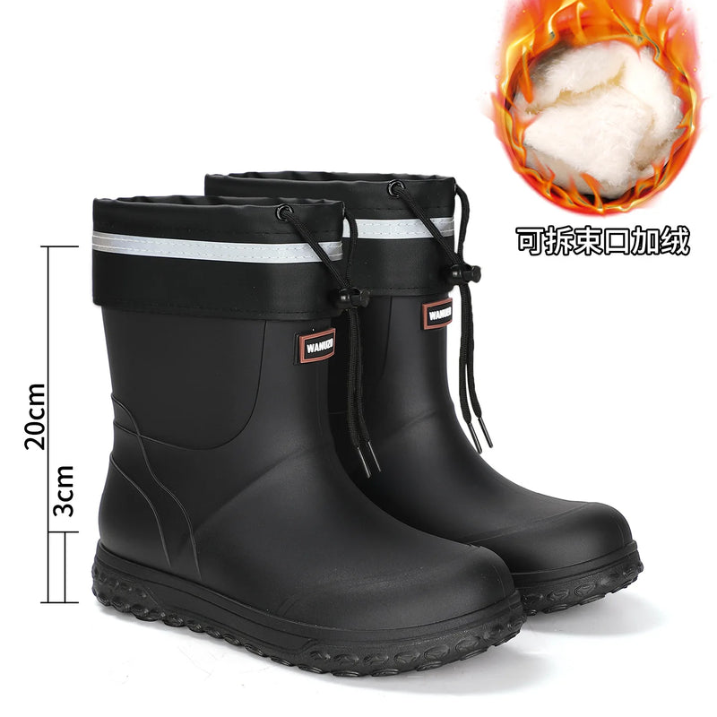 Men's Fashion Rain Boots High Quality Anti-Slip Waterproof Shoes Thick Bottom Wear-Resistant Outdoor Drawstring Work Rubber Shoe
