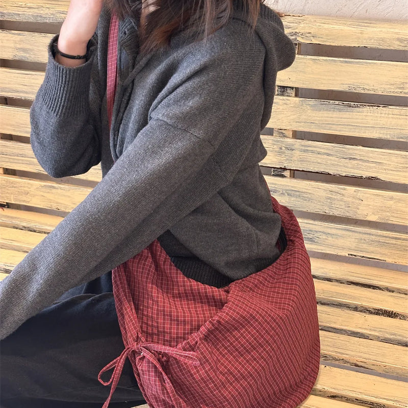 Retro Plaid Hobos Shoulder Bags for Women Drawstring Pocket Nylon Dumpling Bag Large Capacity Portable Travel Messenger Bag