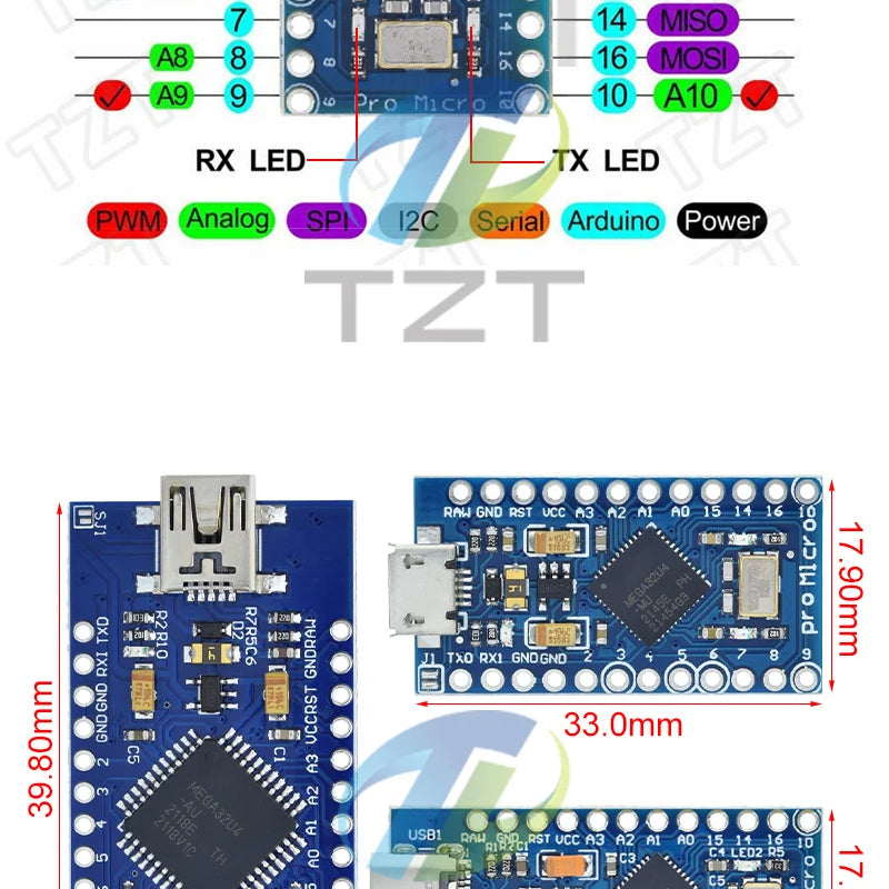 TZT MICRO/MINI/TYPE-C USB ATMEGA32U4 Module 5V 16MHz Board For Arduino ATMEGA32U4-AU/MU Controller Pro-Micro Replace Pro Mini