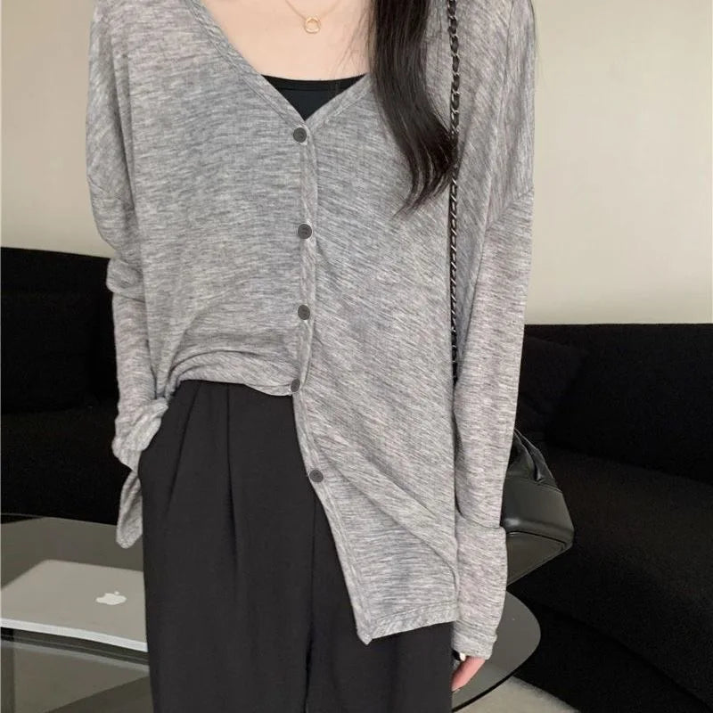 Women's Casual V-Neck Long Sleeve Cardigan, Lightweight Sun Protection Knit Outerwear, Lazy Style Cover Up for All Seasons