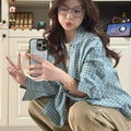 Korean Fashion Blue Plaid Blouse Women Single Breasted | SAMAG