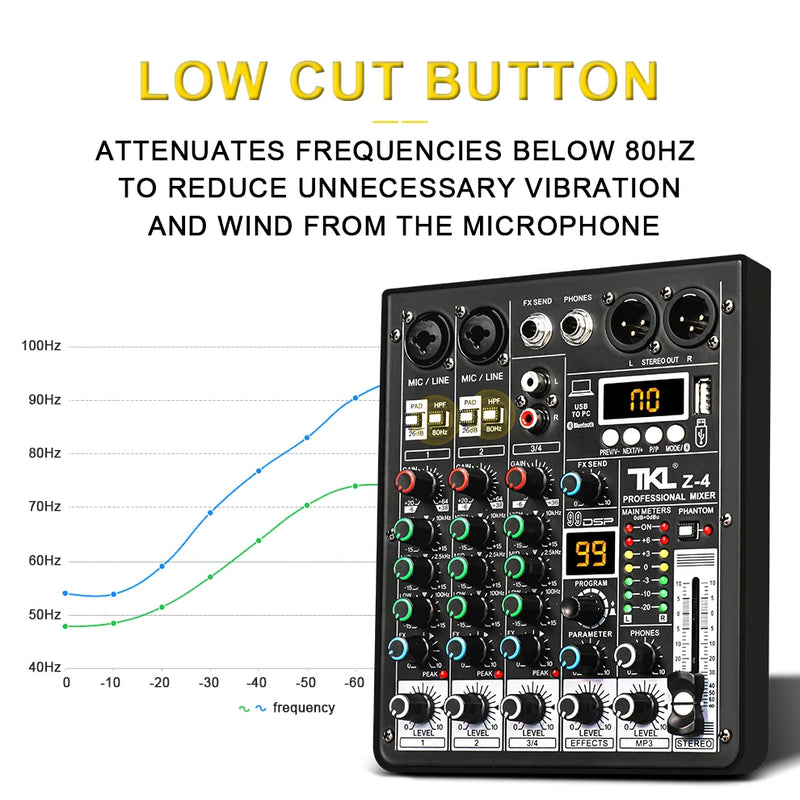 TKL 4 Channel 99 DSP Audio Mixer 48V Phantom Power USB Studio Sound Mixers Bluetooth DJ Console Mixing for Karaok