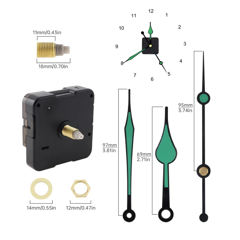 Wall Clock Quartz Movement Mechanism with Golden Hands Pointer Set, Metal Hook for Clock DIY Clock Repair Parts Replacement