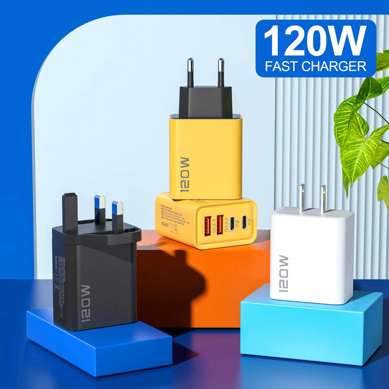 4 Ports 120W Charger Quick Charge 3.0 USB C PD Type C USB Phone Chargers Fast Charging Adapter For iPhone Samsung Xiaomi Huawei