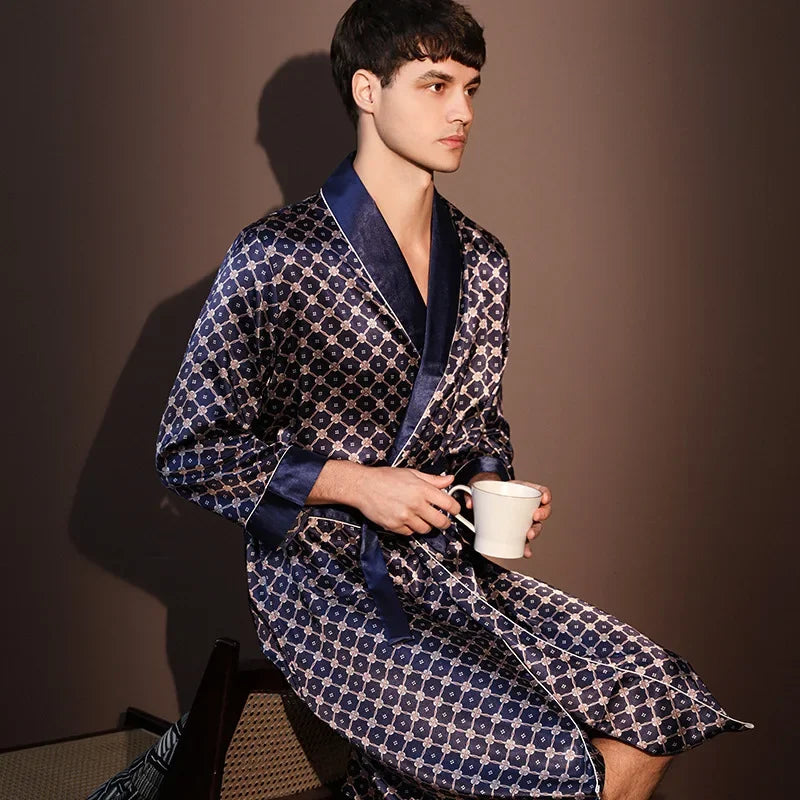 Men Summer Thin Bathrobe High Quality Nightrobes One-Piece Robe Male Loungewear Gents Spring Large Size Ice Silk Printed Pajamas