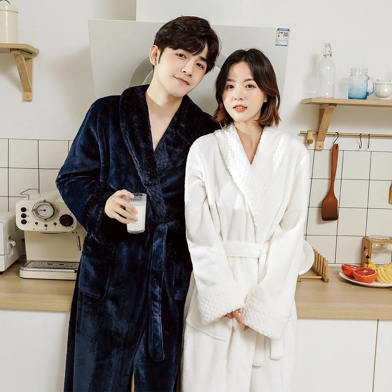 Couple Flannel Robe Winter Thick Warm Bathrobe Long Fleece Sleepwear Loungewear for Men and Women
