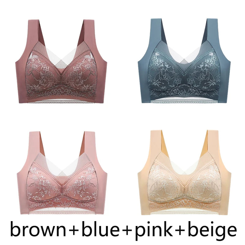 FallSweet 4PCS Plus Size Ice Silk Bra for Women Seamless Push Up Bralette Wireless Lace Brassiere Summer Underwear Lingerie Tops