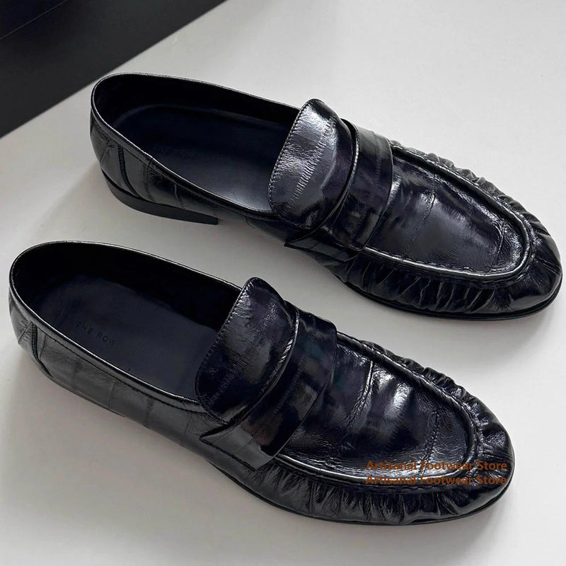 Men's Black Sin Ruched Loafers Soft Leather Soft Sole Slip On Single Shoes Casual Shoes Trendy Luxury Handmade Men's Shoes ﻿