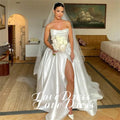 Customized Simple Stain Strapless Pleats A - Line High Side | SAMAG
