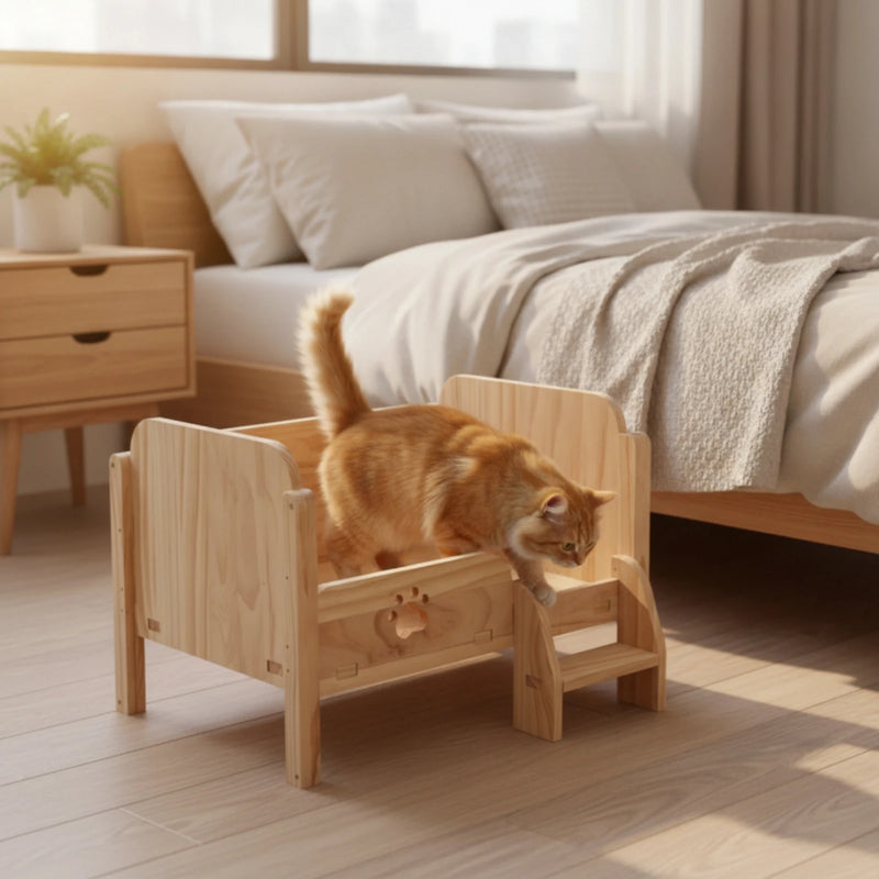 Pet Bed with Step Long-Lasting Wooden Pet Bed Elevated Cat Couch Indoor Furniture Comfortable for Cats, Living Room, Bedroom
