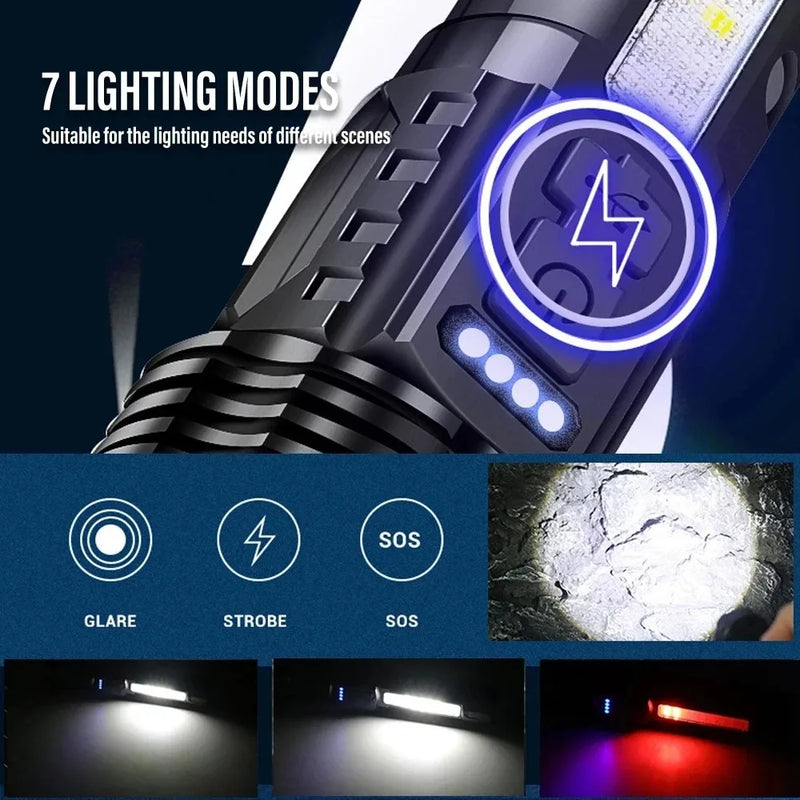 Powerful XHP50 LED Flashlight 18650 Torch Waterproof with Side Light 7 Modes USB Rechargeable Zoom Lamp for Camping Fishing
