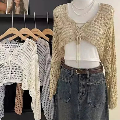 Crochet Crop Tie Front Cardigan Women Long Sleeve Sheer | SAMAG