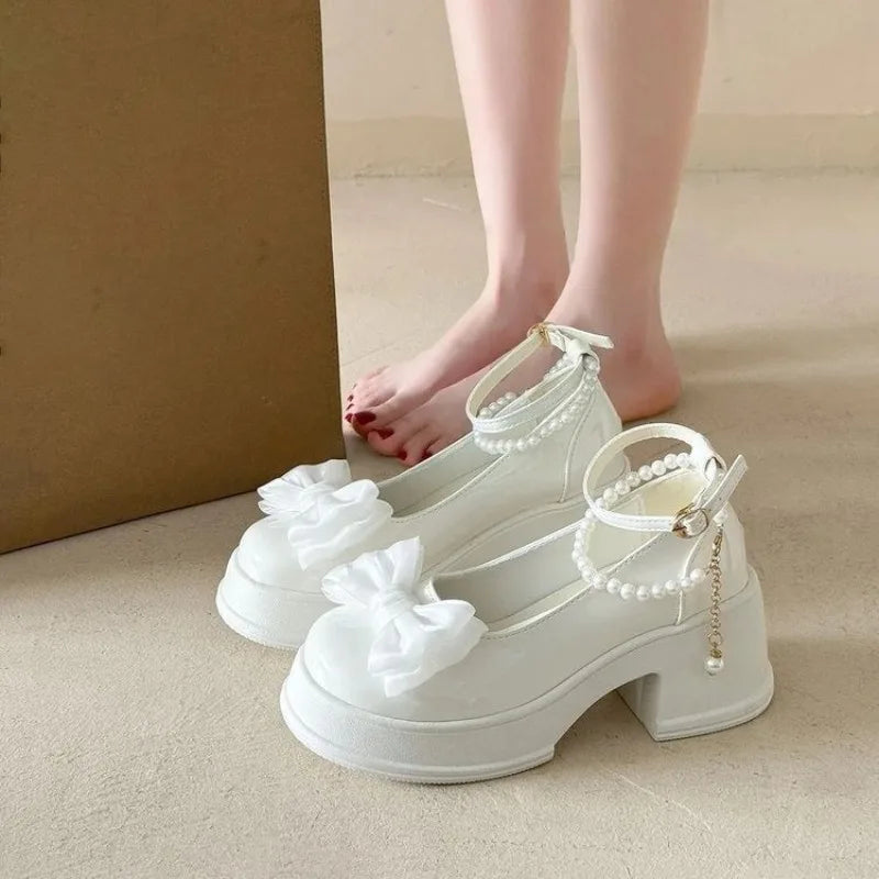 Fashion Versatile Bow Decor Round Toe High Heel Shoes for Women 2026 New Pearl Chain Solid Thick Heel Casual Comfort Single Shoe